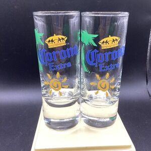Pair Of Vintage 4.25" Corona Extra Beer Shot Glasses-Palm Tree & Sun Vacation